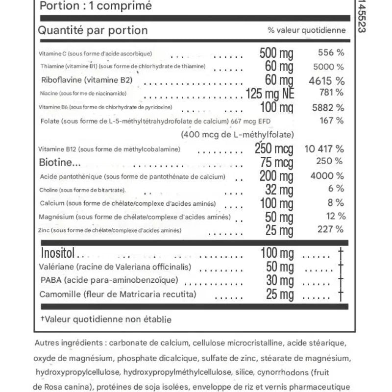 Liste des ingrédients et valeurs nutritionnelles d'un complément alimentaire Mega Stress Nature's Plus, visible sur Alazina, boutique de compléments alimentaires naturels.