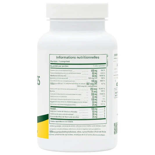 Flacon de complément alimentaire ALAZINA, liste d'ingrédients et valeurs nutritionnelles visibles.