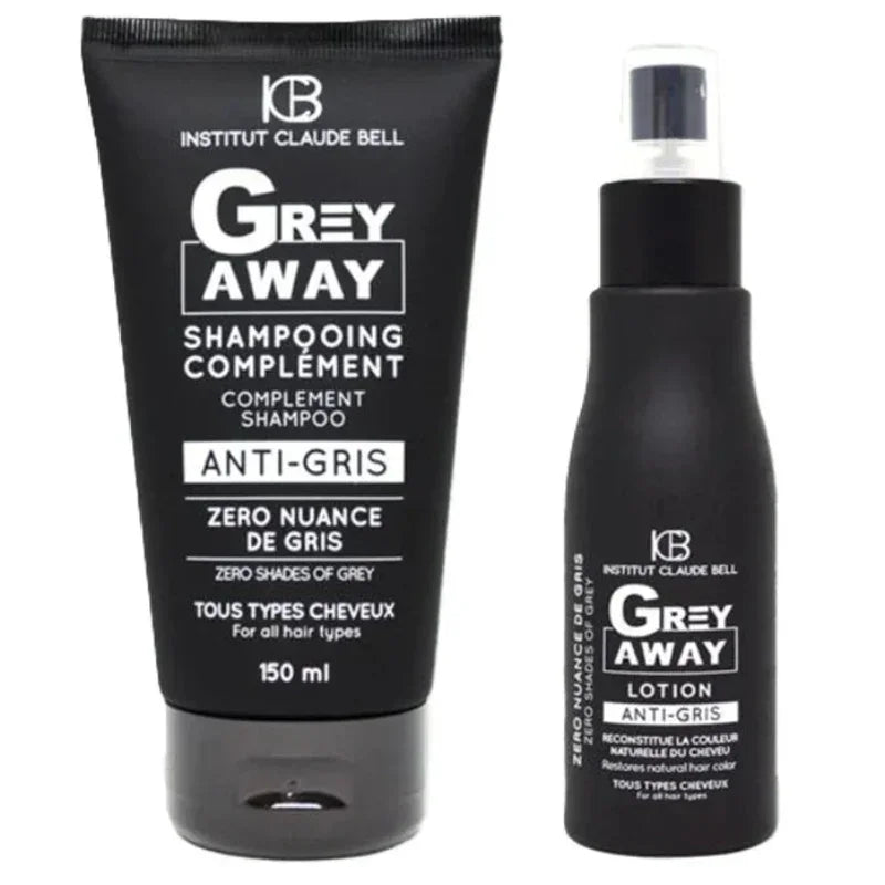 Kit capillaire Grey Away anti-gris Institut Claude Bell, shampooing et lotion, produit Alazina
