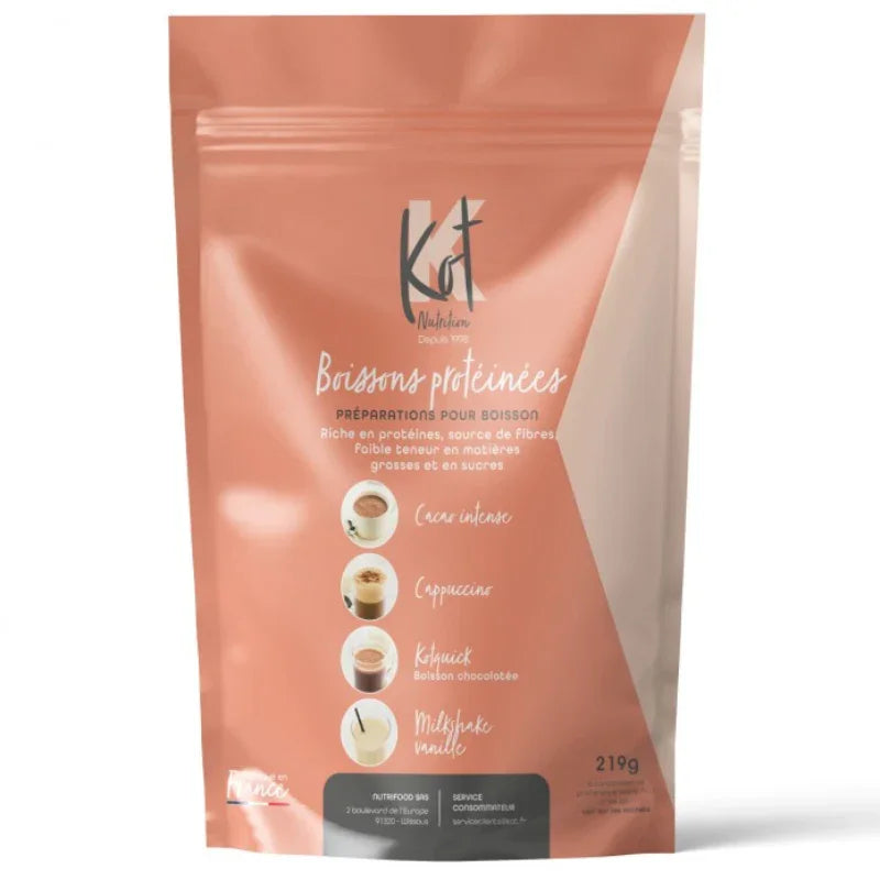 Sachet KOT de préparations pour boissons protéinées cacao, cappuccino, milkshake, Alazina.