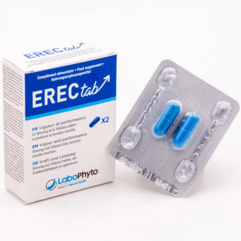 Boîte et plaquette de compléments alimentaires ERECTab LaboPhyto, 2 gélules bleues pour vitalité.