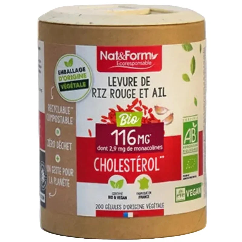 Complément alimentaire Nat&Form bio levure de riz rouge et ail, 200 gélules végétales, vegan, pour cholestérol.