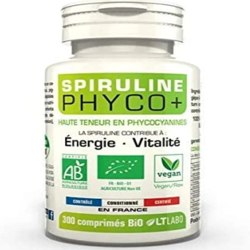 Flacon de spiruline bio Phyco+ 300 comprimés LTLABO, complément alimentaire naturel, Alazina.