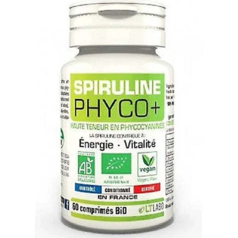 Flacon de Spiruline Phyco+ 60 comprimés bio, complément alimentaire énergie, Alazina