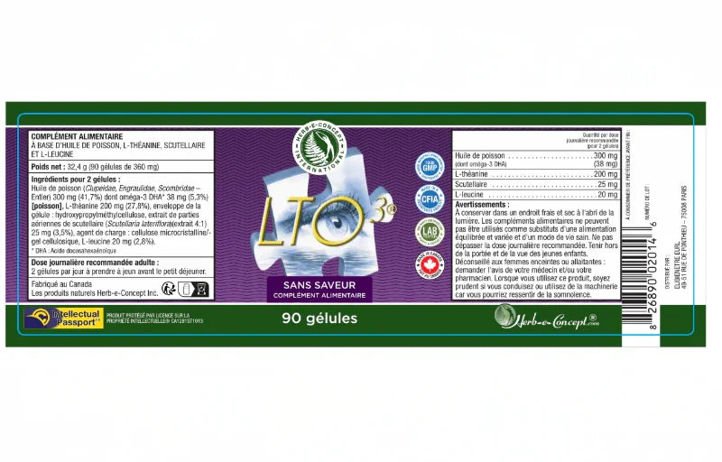 Étiquette du complément alimentaire LTO3 sans saveur, 90 gélules, boutique Alazina.
