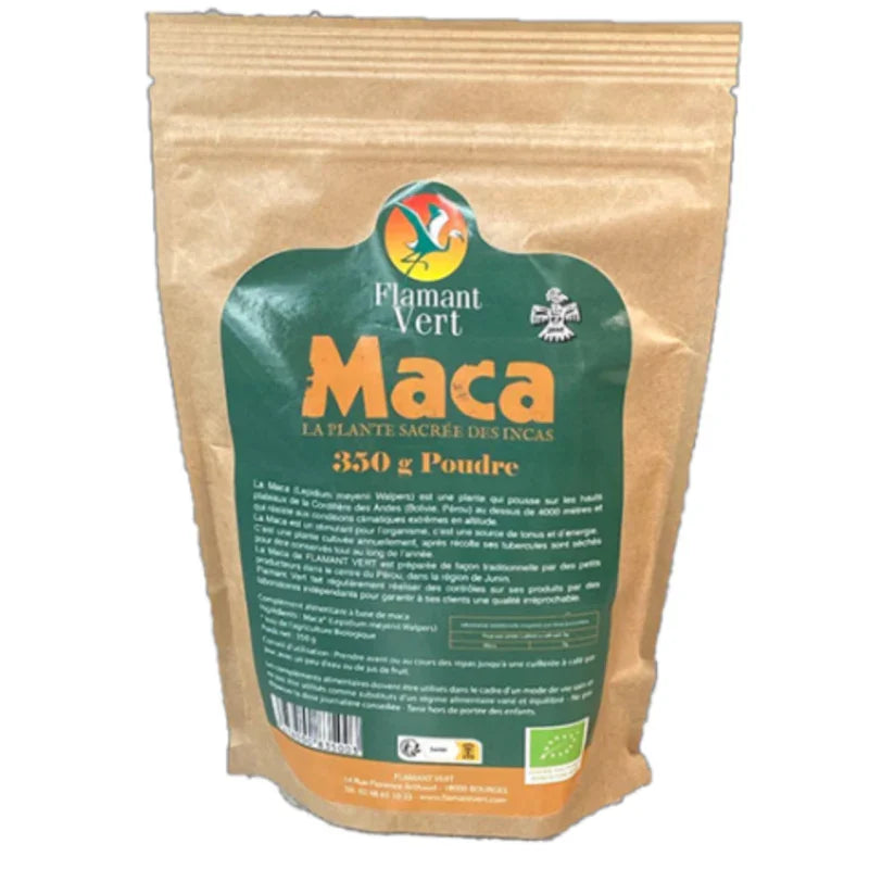 Sachet de poudre de maca bio Flamant Vert 350g, complément alimentaire naturel Alazina