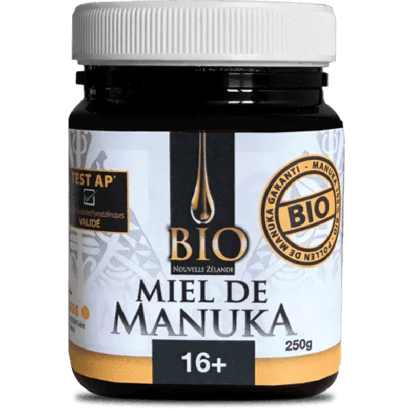 Pot de 250g de miel de manuka bio 16+ Nouvelle-Zélande, produit naturel sur Alazina.