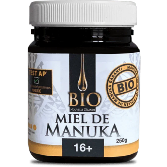 Pot de 250g de miel de manuka bio 16+ Nouvelle-Zélande, produit naturel sur Alazina.