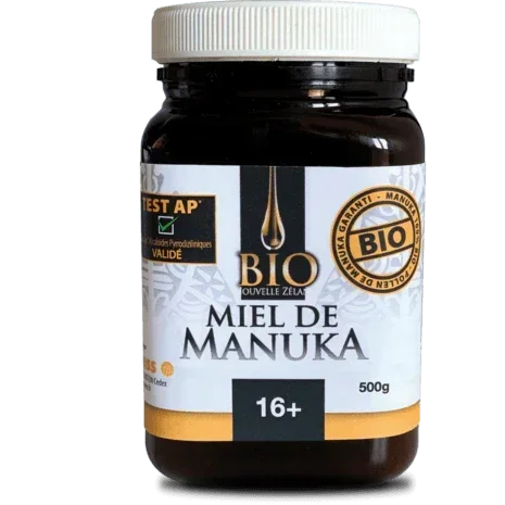 Pot de miel de Manuka bio 500g ALAZINA, étiquette claire, boutique soins naturels.