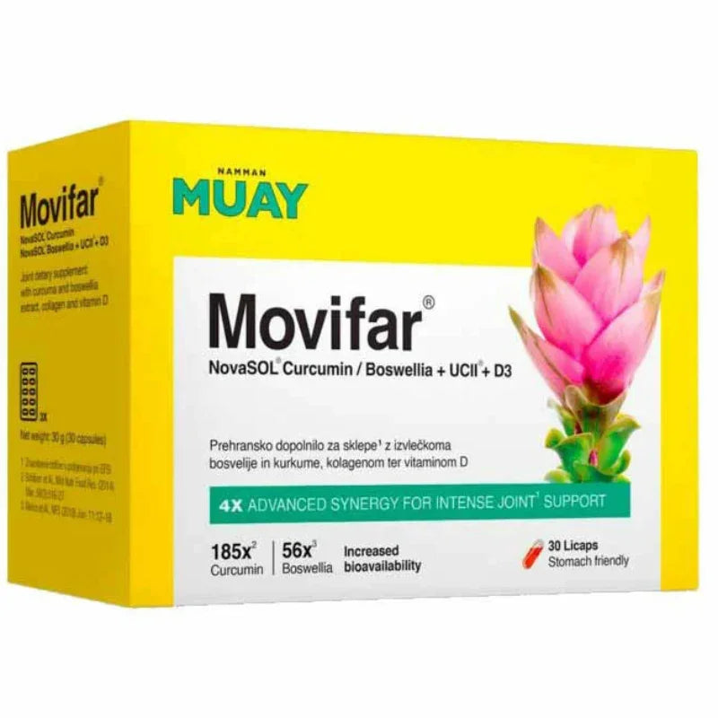 Boîte de complément alimentaire Movifar articulation, curcuma et boswellia, sur fond jaune, Alazina