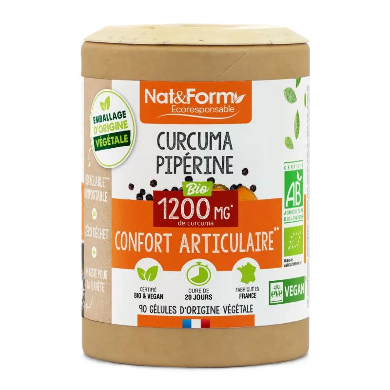 Complément alimentaire Nat&Form Curcuma Pipérine bio, 90 gélules, confort articulaire, Alazina