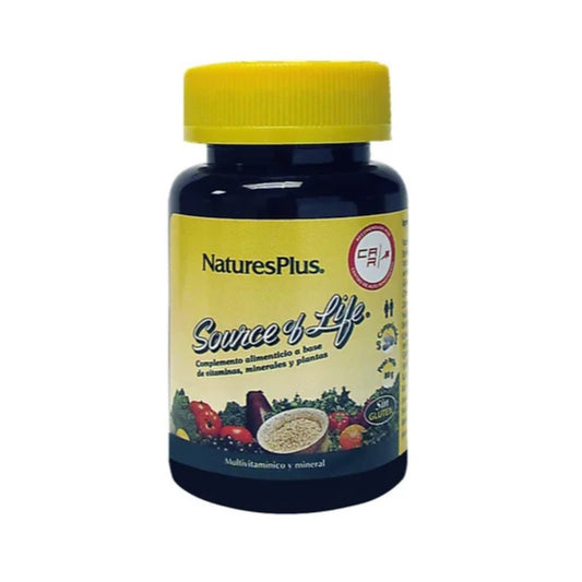 Bouteille de multivitamines Natures Plus Source of Life sur fond blanc, compléments alimentaires Alazina.