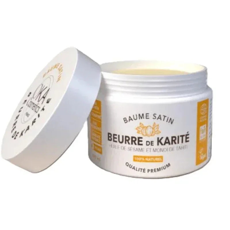 Pot de baume satin Beurre de Karité OKA Cosmetics, soin naturel Alazina, couvercle ouvert