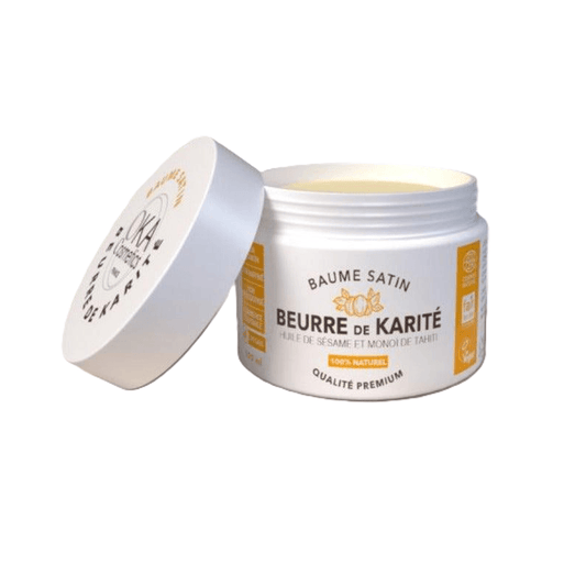 Pot de baume satin Beurre de Karité OKA Cosmetics, soin naturel Alazina, couvercle ouvert
