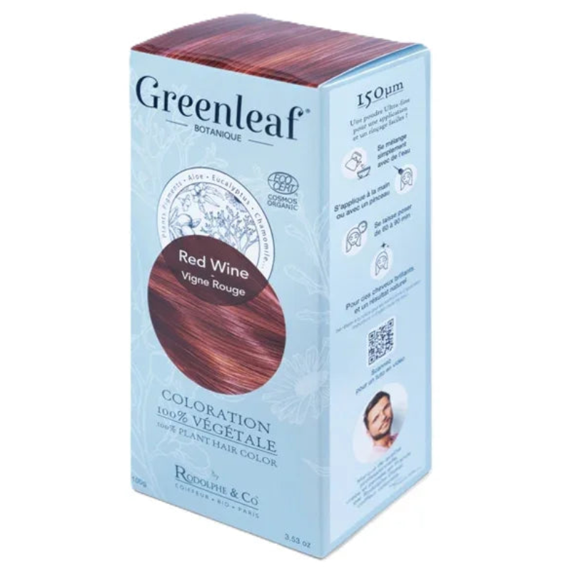Coloration végétale Greenleaf Red Wine Vigne Rouge, boîte bleue, cosmétique naturel Alazina