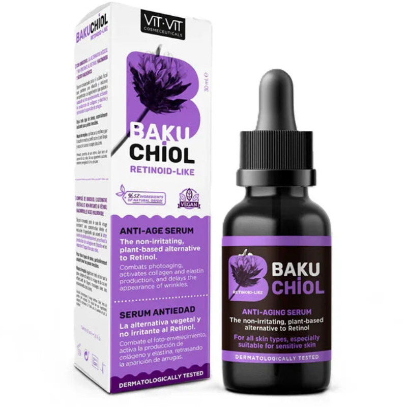 Sérum Bakuchiol Vit-Vit Cosmetics, soin anti-âge naturel végan, flacon et boîte Alazina