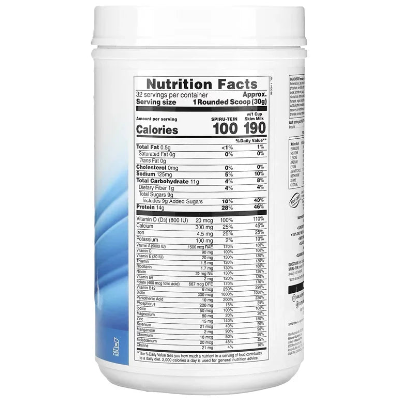 Boîte Spiru-Tein vanille, étiquette composition nutritionnelle visible, complément alimentaire Alazina.