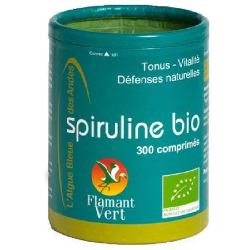 Boîte de spiruline bio Flamant Vert 300 comprimés, complément alimentaire naturel, Alazina.