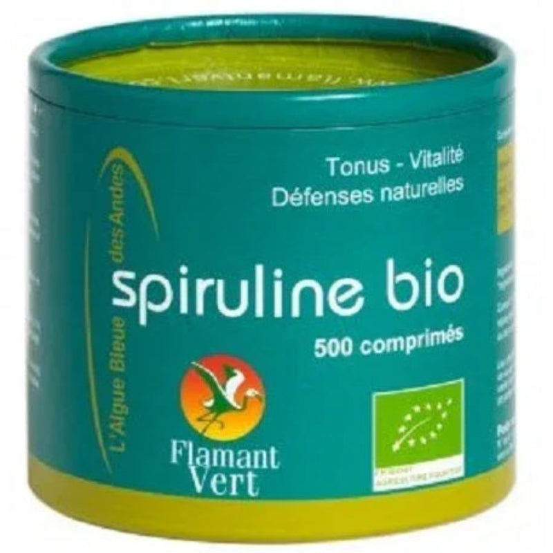 Boîte verte de spiruline bio Flamant Vert 500 comprimés, complément alimentaire naturel.