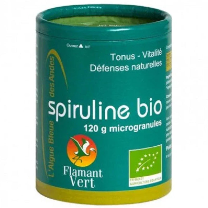 Boîte Spiruline bio microgranules Flamant Vert 120g, complément alimentaire naturel