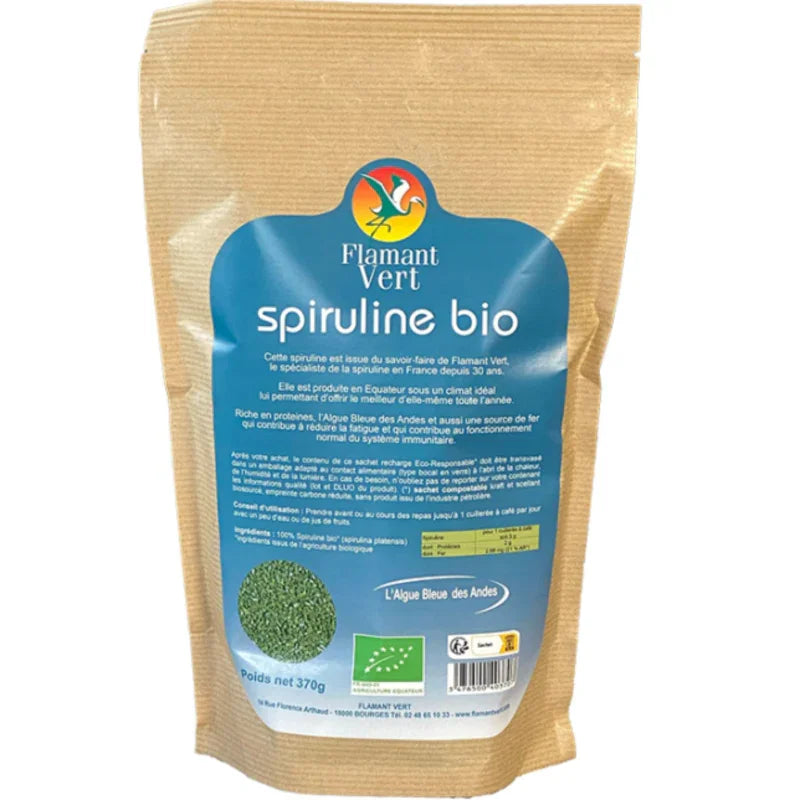 Sachet kraft de spiruline bio Flamant Vert, complément alimentaire naturel, 370g.