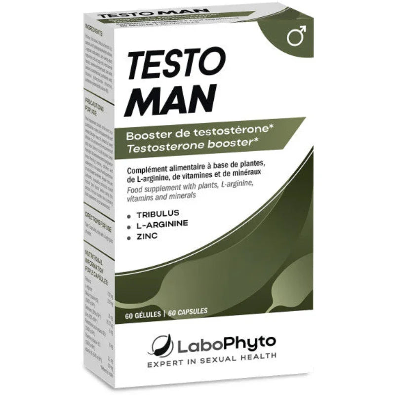 Boîte de Testoman Labophyto complément alimentaire tribulus arginine zinc, disponible sur Alazina.