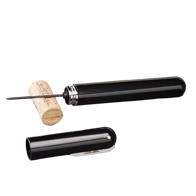 Tire-bouchon aiguille stylo noir avec bouchon de liège, accessoire vin élégant ALAZINA.