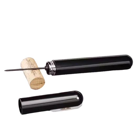 Tire-bouchon aiguille stylo noir avec bouchon de liège, accessoire vin élégant ALAZINA.