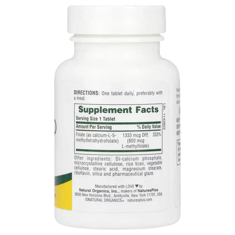 Bouteille de complément alimentaire acide folique, valeurs nutritionnelles visibles, Alazina