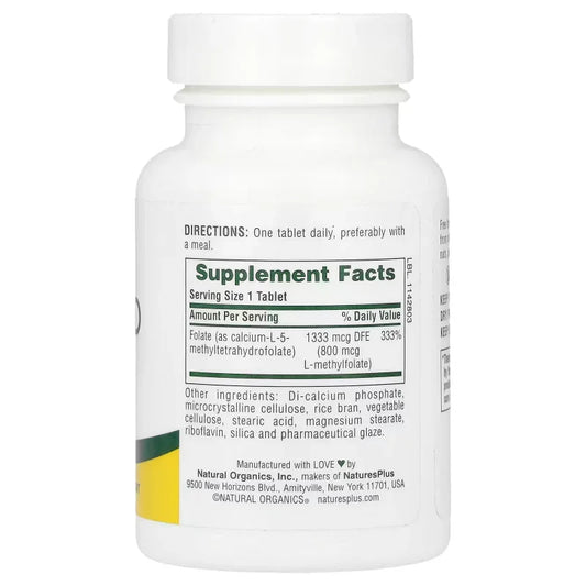Bouteille de complément alimentaire acide folique, valeurs nutritionnelles visibles, Alazina