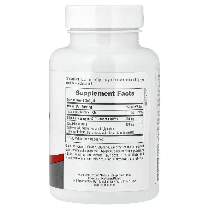 Flacon de compléments alimentaires Beyond CoQ10 Ubiquinol 100mg, valeurs nutritionnelles visibles.