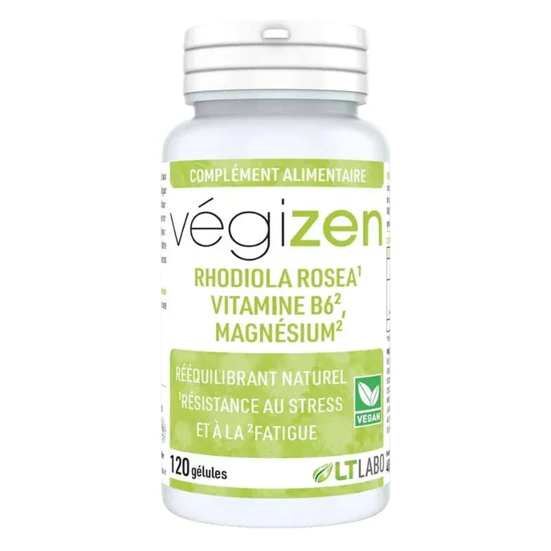 Flacon de compléments alimentaires végizen LT Labo, rhodiola, magnésium, 120 gélules, Alazina.