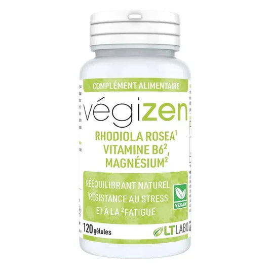 Flacon de compléments alimentaires végizen LT Labo, rhodiola, magnésium, 120 gélules, Alazina.