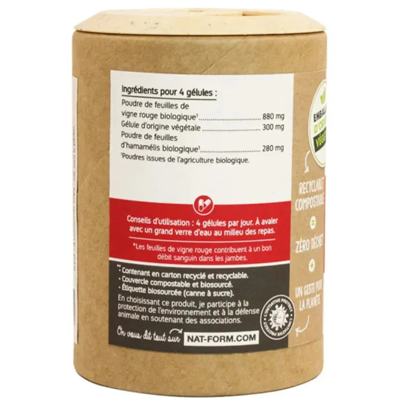 Boîte de compléments alimentaires Alazina à la vigne rouge et hamamélis, étiquette ingrédients visible.