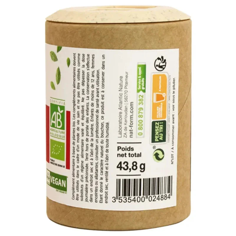 Complément alimentaire bio vegan Alazina en emballage recyclable, poids net 43,8g