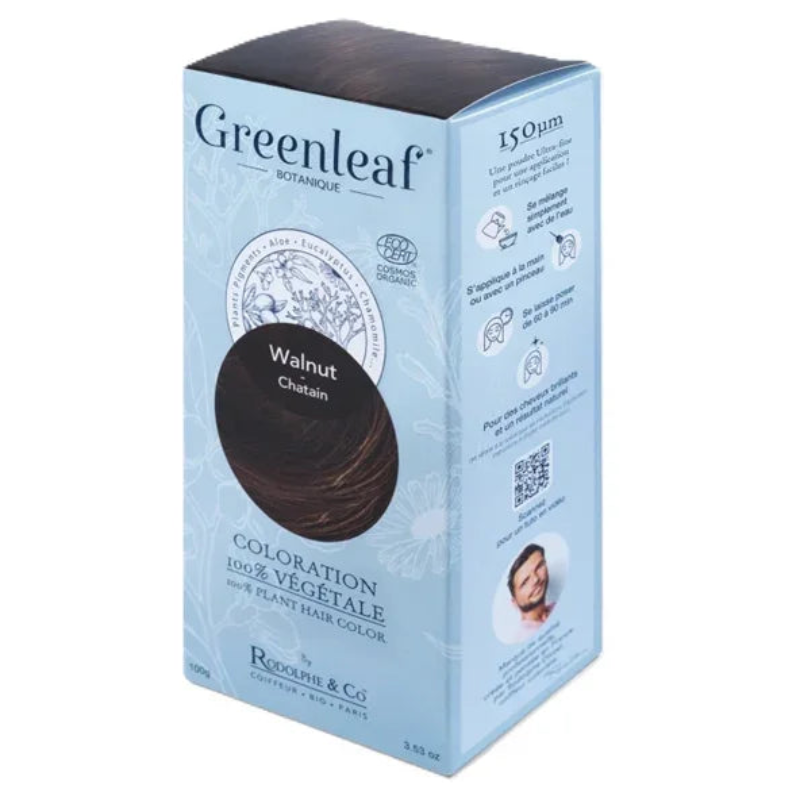 Coloration végétale Greenleaf Walnut châtain, boîte bleue, cosmétique naturel Alazina