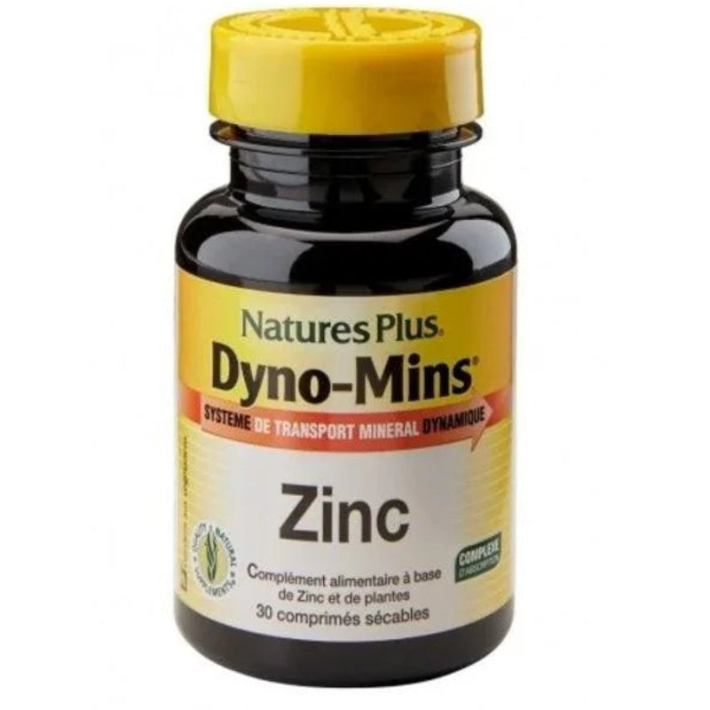 Flacon Zinc Natures Plus Dyno-Mins, complément alimentaire 30 comprimés, boutique Alazina