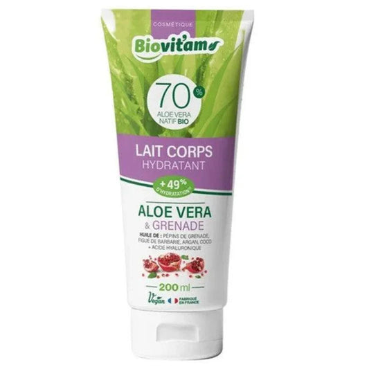Tube Biovitams lait corps hydratant aloe vera grenade 200ml, cosmétique naturel Alazina