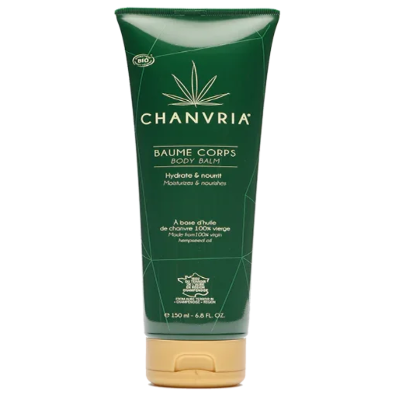 Tube vert de baume corps Chanvria 150 ml à base d'huile de chanvre, cosmétique naturel Alazina