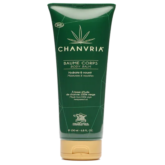 Tube vert de baume corps Chanvria 150 ml à base d'huile de chanvre, cosmétique naturel Alazina