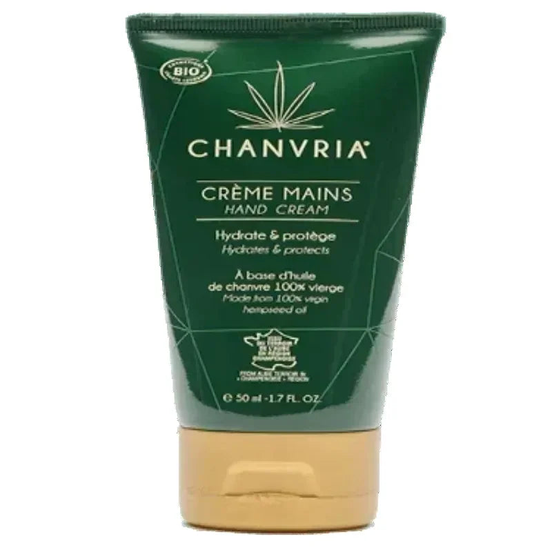 Crème mains Chanvria 50 ml à l'huile de chanvre, cosmétique naturel Alazina, tube vert.