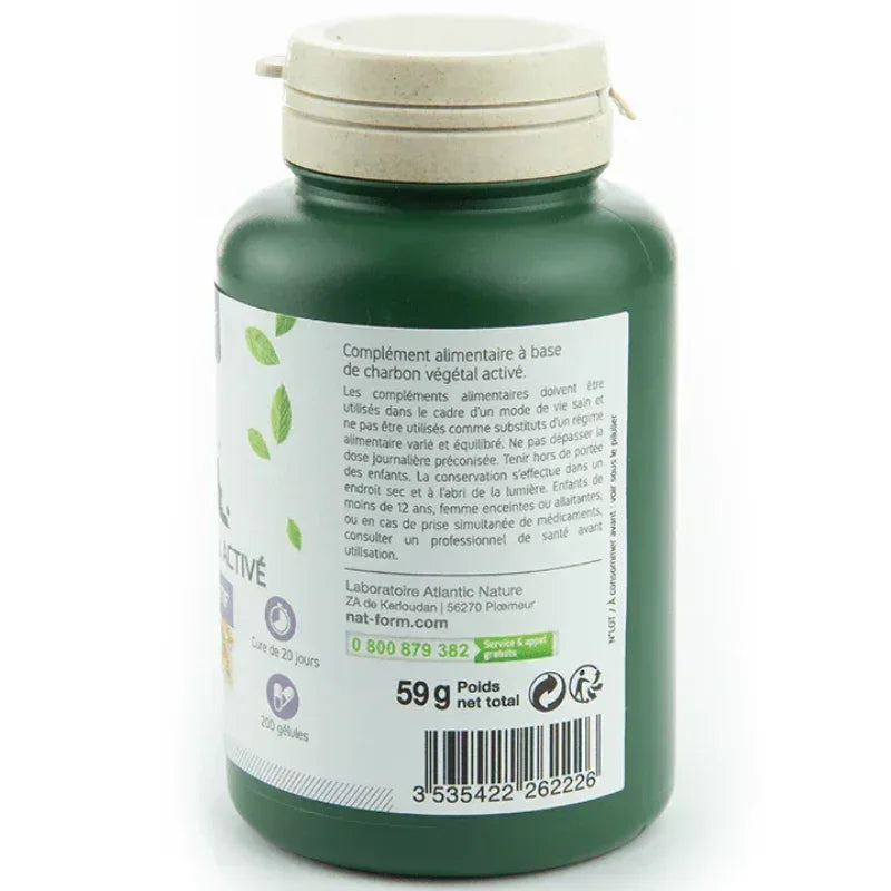Flacon vert de complément alimentaire charbon végétal activé Nat-Form, 59g, Alazina boutique.
