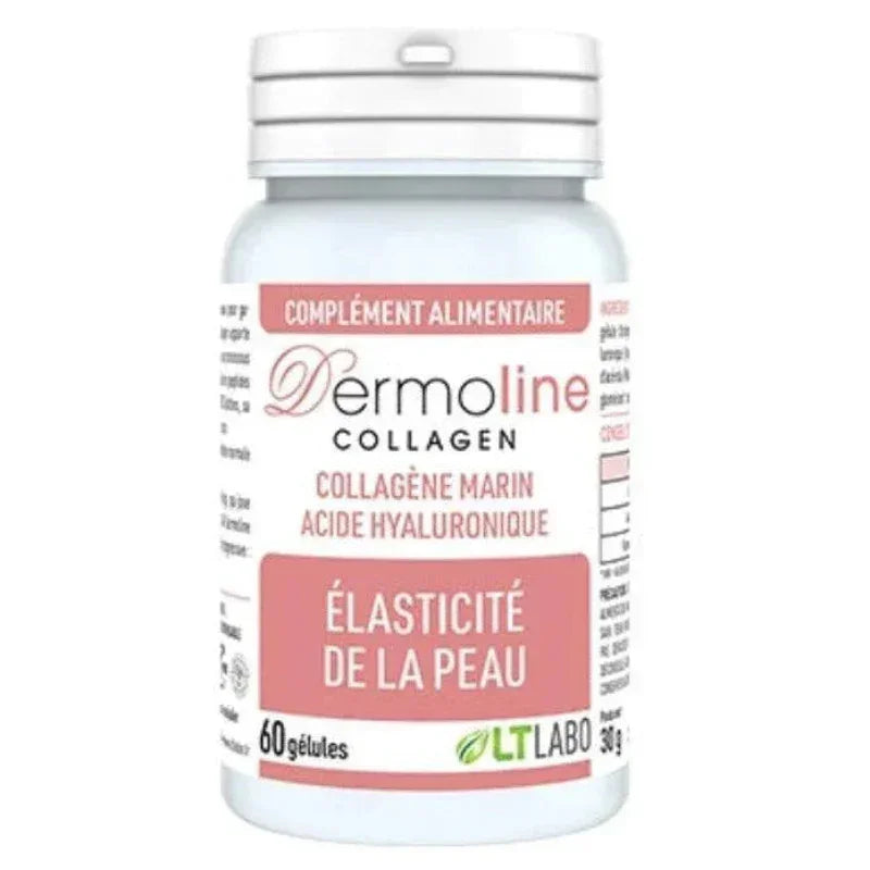 Flacon Dermoline Collagen LT Labo, complément alimentaire collagène marin et acide hyaluronique, élasticité de la peau, Alazina.