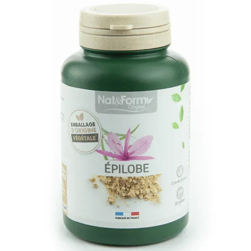Complément alimentaire Épilobe Nat&Form en gélules, flacon vert, emballage végétal, Alazina