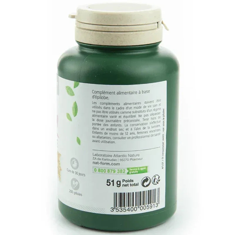 Flacon vert de complément alimentaire à l’épilobe Nat&Form, 200 gélules, sur Alazina.