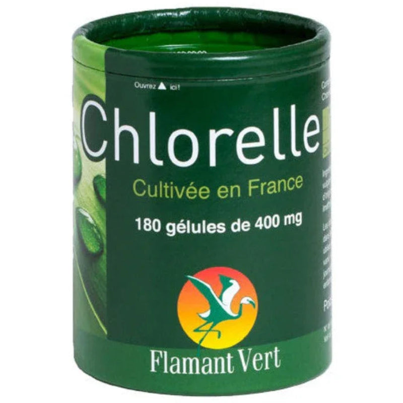 Boîte de chlorelle Flamant Vert 180 gélules, complément alimentaire naturel vendu sur Alazina.