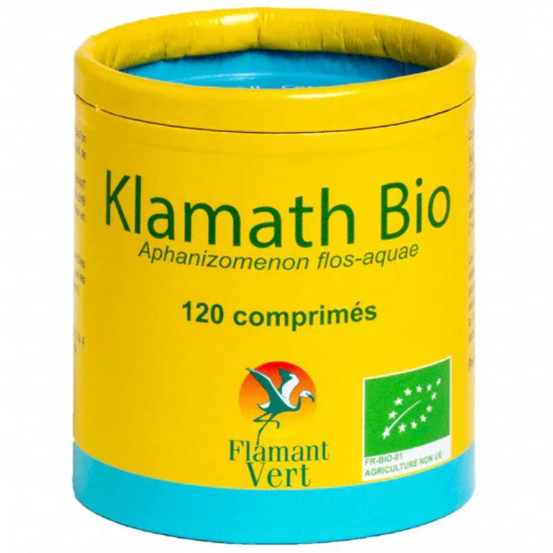 Boîte jaune Flamant Vert Klamath Bio 120 comprimés, complément alimentaire naturel, Alazina.
