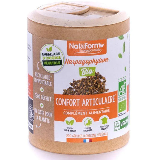 Complément alimentaire Harpagophytum bio Nat&Form pour confort articulaire, boîte recyclable, Alazina