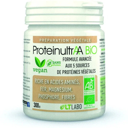 Pot de protéines végétales bio ProteinultrAA LT Labo, vegan, sans gluten, 300g, vendu par Alazina.