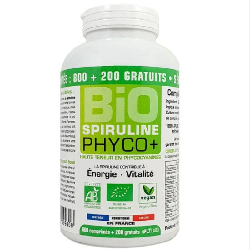 Pot de comprimés Bio Spiruline Phyco+ LTLabo, complément alimentaire naturel, 1000 unités